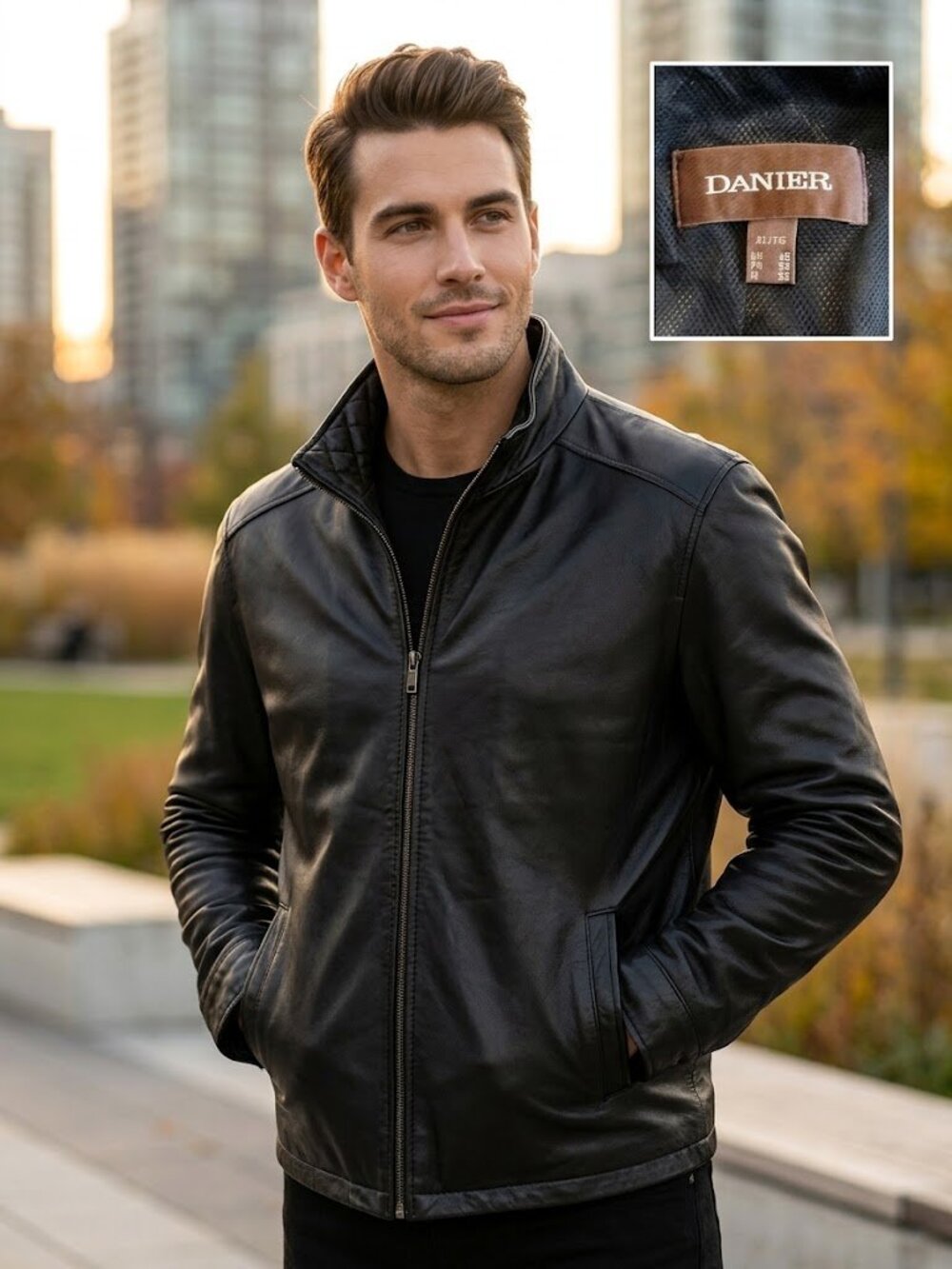 Danier Leather Mens Black Genuine Leather Jacket Quilted Lined Style 81348 XL